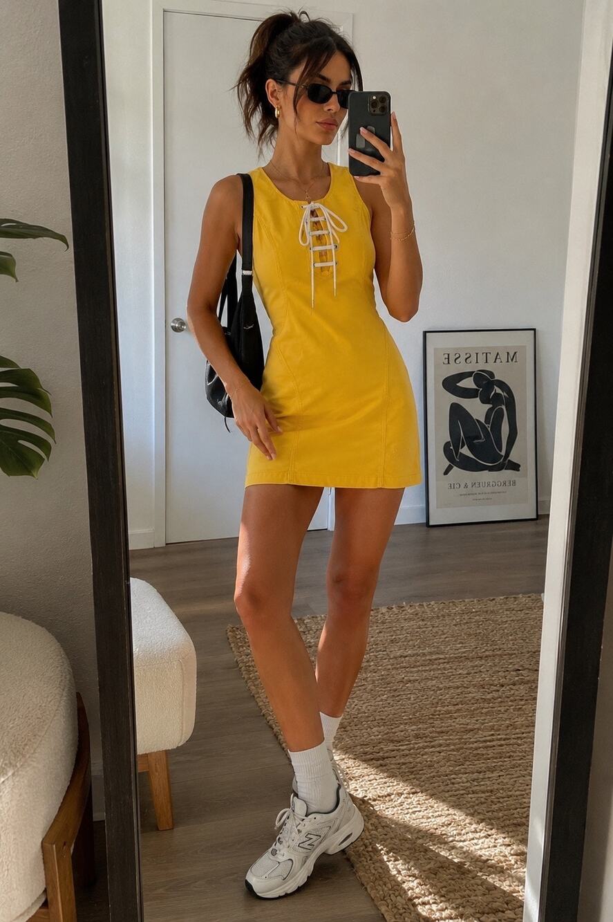 Vintage Y2K Love Moschino Lace Up Corset Yellow Mini Dress Sporty 6 Designer
